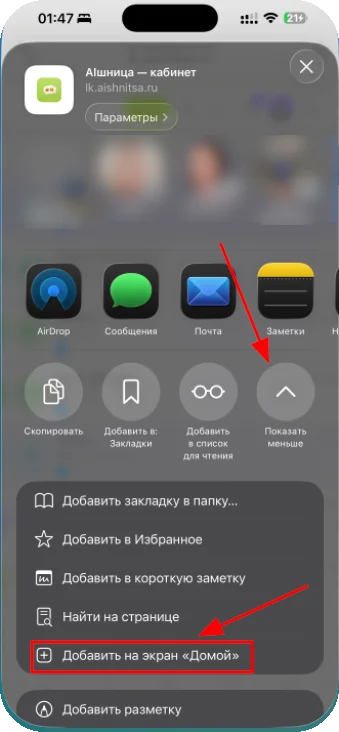 Меню «Поделиться» в Safari, выделен пункт «Добавить на экран “Домой”»